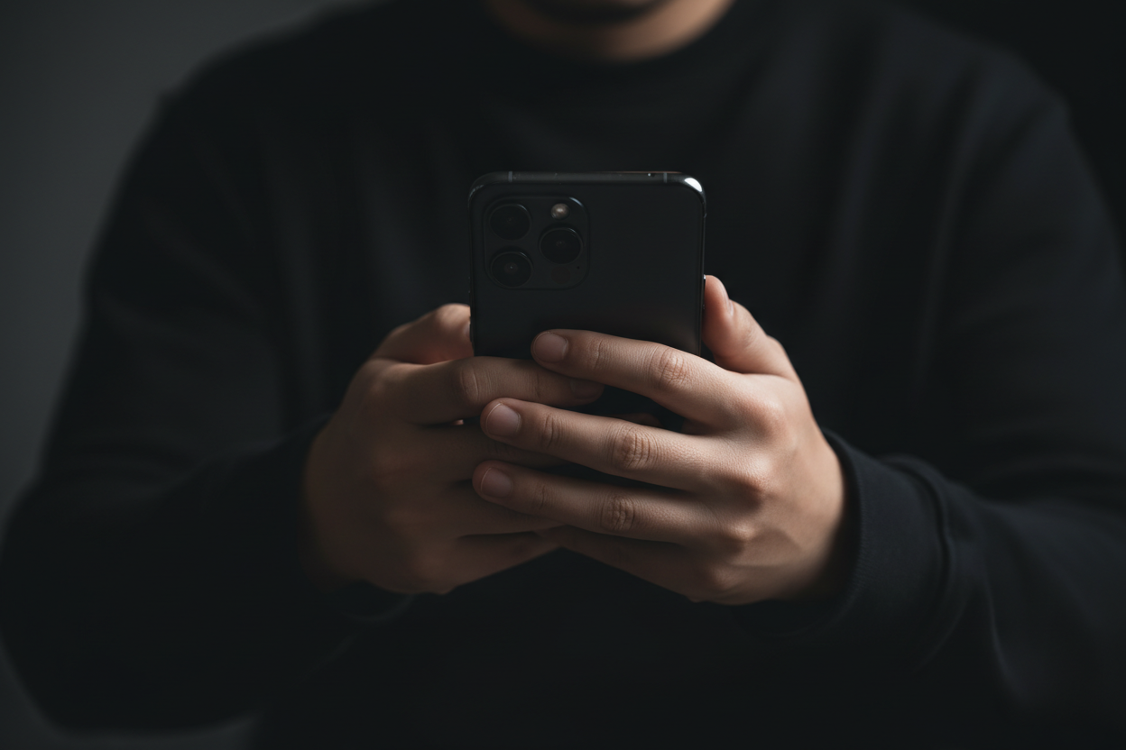 Prompt (svenska):
En mörk, stämningsfull närbild av ett par händer som håller en modern smartphone. Telefonen hålls med båda händerna i porträttläge, tummarna nära skärmen. Fokus ligger på händerna och telefonens baksida, med kameramodulen synlig. Personen bär mörka kläder, bakgrunden är suddig och mycket mörk. Lågmäld, dramatisk belysning med mjukt ljus som träffar händerna, hög kontrast, låg exponering. Fotorealistisk stil, grunt skärpedjup, professionell fotografi, minimalistisk komposition, cinematiskt 